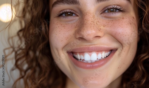 Closeup portrait of attractive woman with freckles