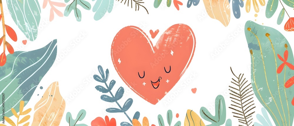 Smiling Heart Doodle with Cute Cartoonish Botanical Border Design for Blank Mockup Background Smiling Heart Doodle with Cute Cartoonish Botanical Border Design for Blank Mockup Background
