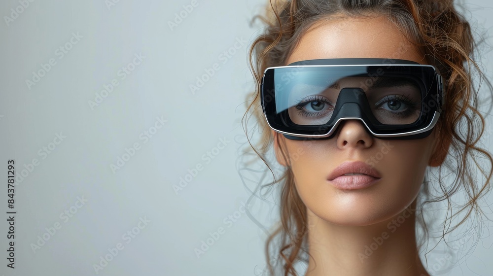 A young woman with dramatic futuristic sunglasses against a minimalist background A young woman with dramatic futuristic sunglasses against a minimalist background