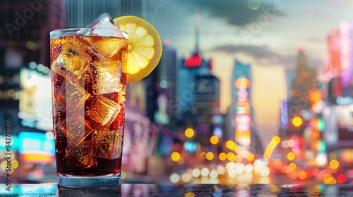 Refreshing Soda Beverage with Lemon at Sunset Cityscape - Ideal for Summer Posters and Drink Advertisements