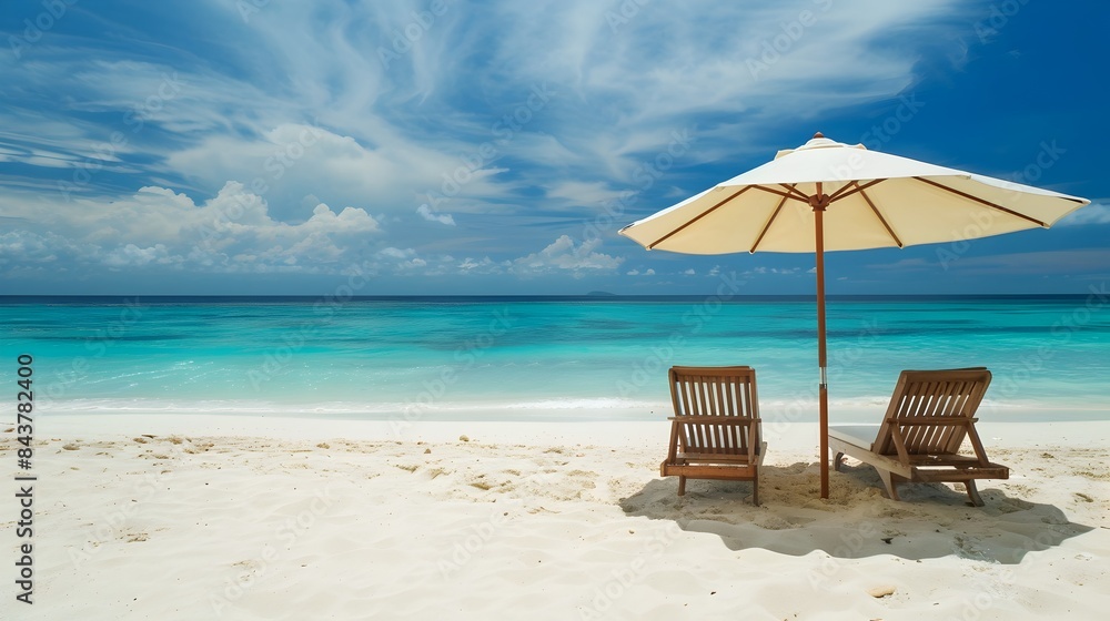 Obraz premium Peaceful Beach Retreat Under Shady Umbrella with Turquoise Horizon