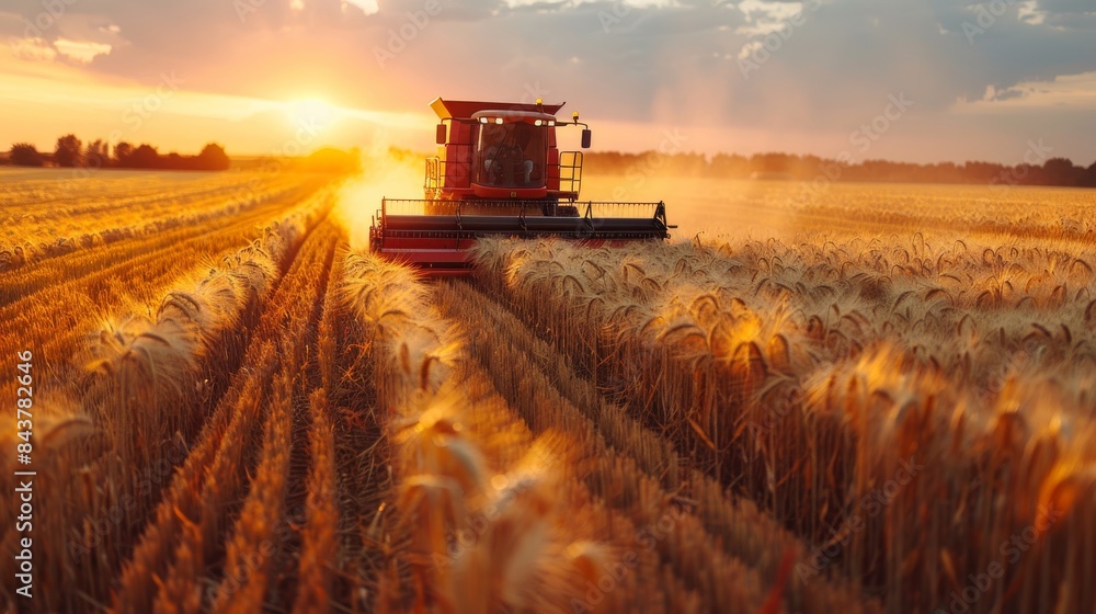 A combine harvester working during a sunset in a vast golden wheat field, evoking the harvest season A combine harvester working during a sunset in a vast golden wheat field, evoking the harvest season