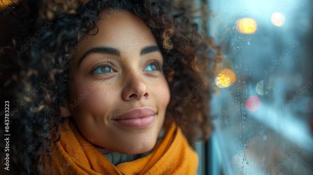 A person wearing a yellow garment looking out a window with raindrops, face not visible A person wearing a yellow garment looking out a window with raindrops, face not visible