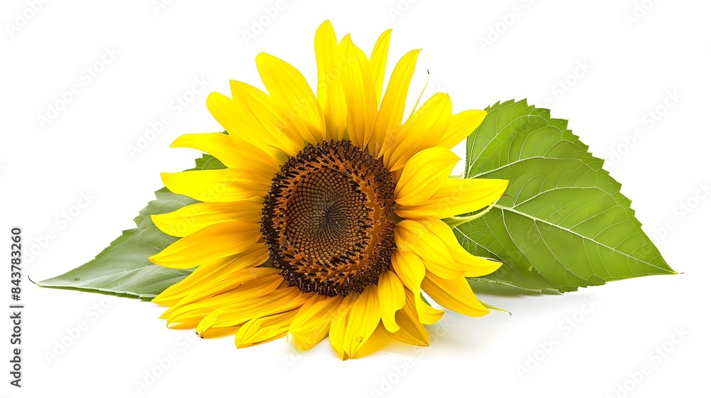 Obraz premium Closeup of Sunflower in Full Bloom with Illuminating Petals and Green Leaves
