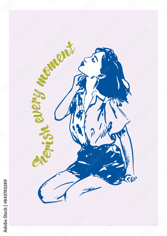 Obraz premium A beautiful girl is sitting. Vector poster on the theme of sweet life, sweet tooth, hand-drawn drawings with interesting, inspiring phrases for the comfort of your home