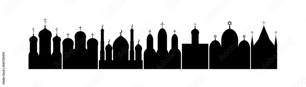 Set of religious building silhouettes. Vector different religious temples catholicism, islamism, judaism, orthodox Set of religious building silhouettes. Vector different religious temples catholicism, islamism, judaism, orthodox