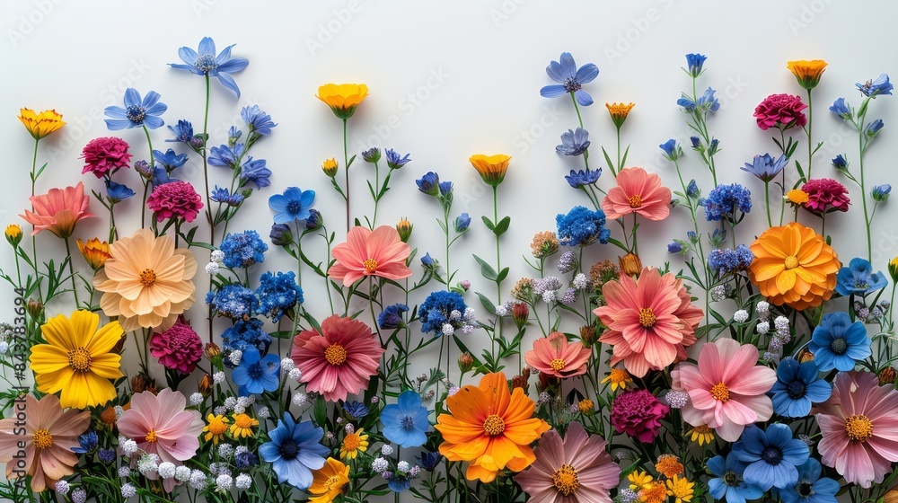 A mix of flowers in a vertical pattern against a white background, with vibrant colors and botanical elements A mix of flowers in a vertical pattern against a white background, with vibrant colors and botanical elements