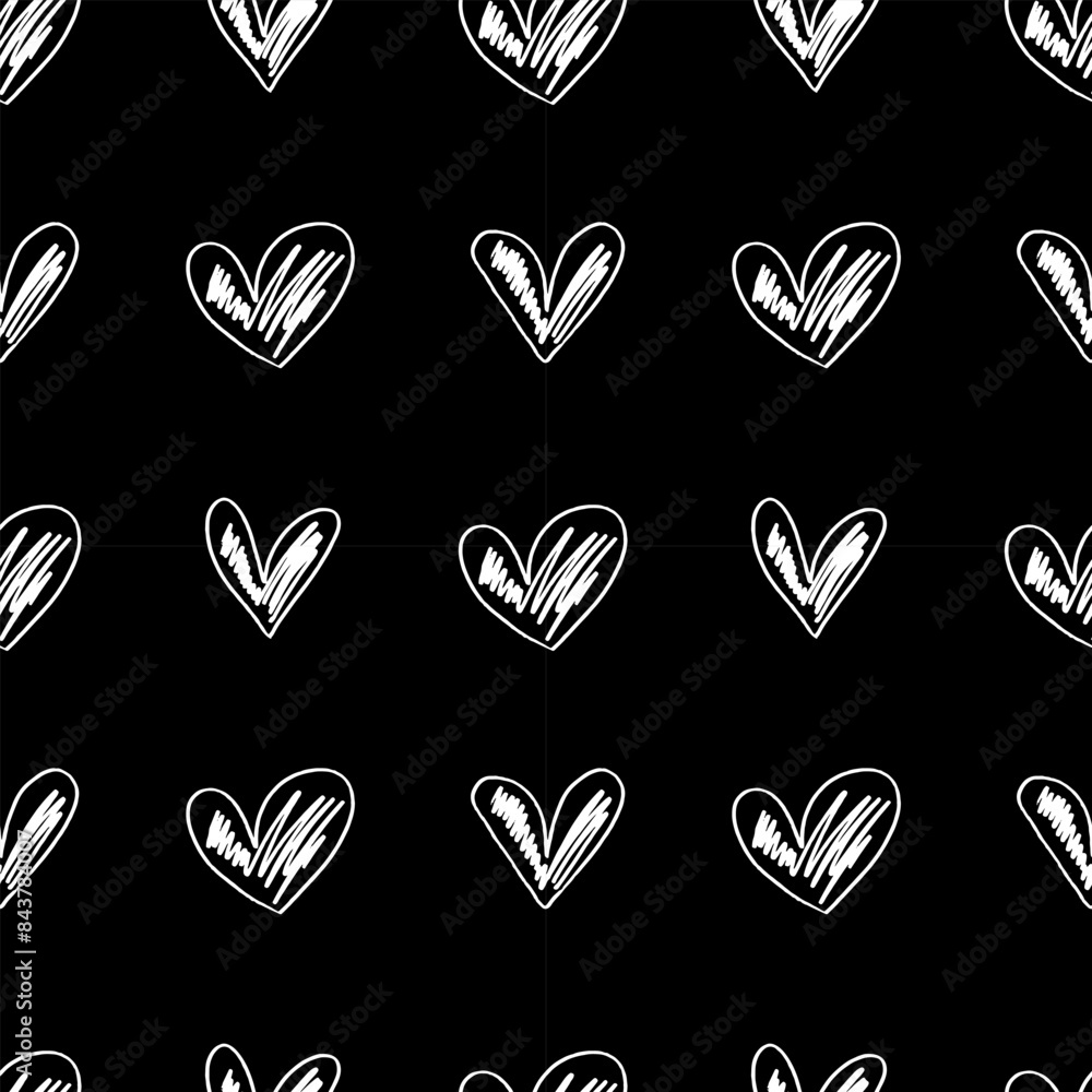 White pencil hearts vector seamless pattern on black background White pencil hearts vector seamless pattern on black background