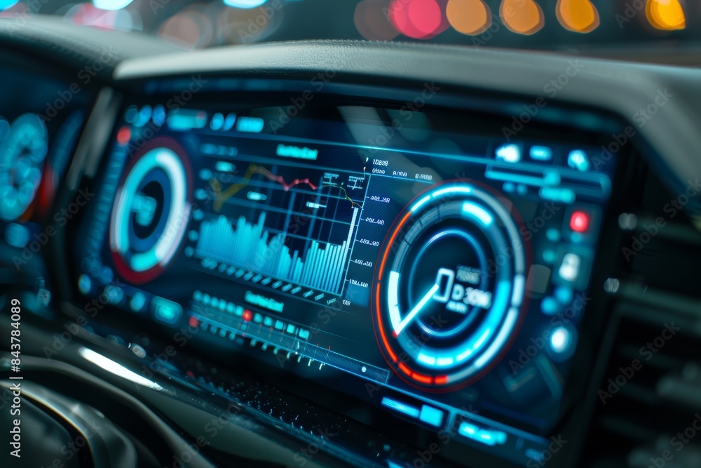 Digital Diagnostic Tool Displaying Vehicle Metrics on Car Dashboard at Night Digital Diagnostic Tool Displaying Vehicle Metrics on Car Dashboard at Night