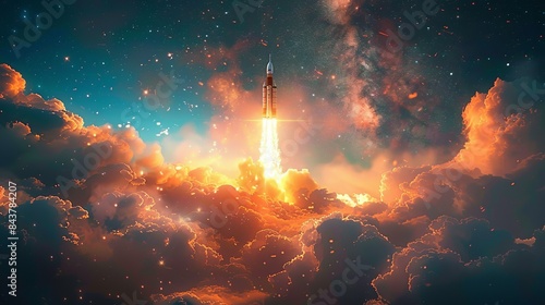 A symbolic image of a rocket launching into the sky, surrounded by clouds of smoke, with a background of blue sky and stars, symbolizing a startup taking off. Clipart illustration style, clean, © DARIKA