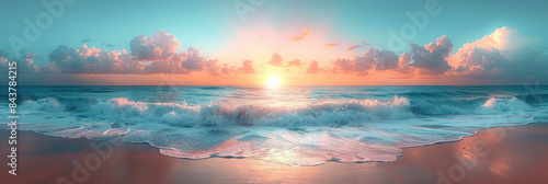 Panorama view of sunset beach abstract background. Generative ai.
