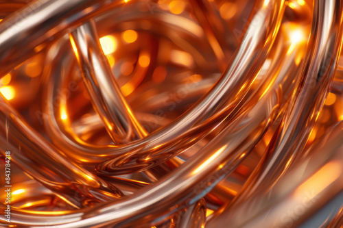 Close-up of a tangle of shiny, intertwined copper wires, showcasing the intricate details and reflective surface.. AI generated.