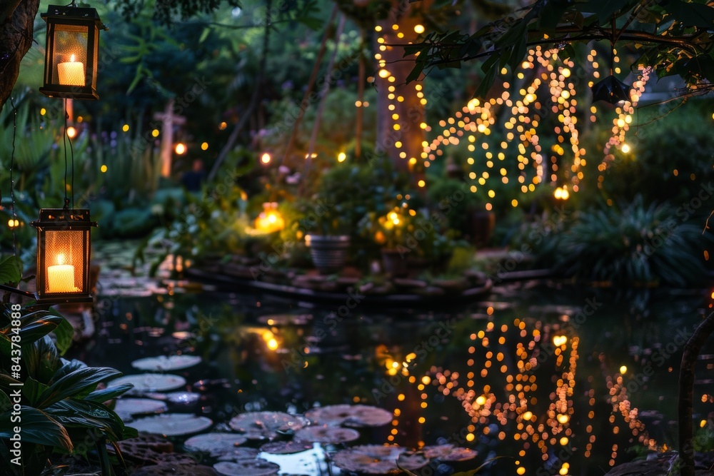 Magical Evening Garden with Fairy Lights and Glowing Pond Design for Cards, Posters, and Prints Magical Evening Garden with Fairy Lights and Glowing Pond Design for Cards, Posters, and Prints