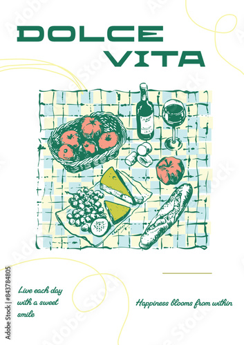 Picnic in nature top view of wine, cheese, apples. Vector poster on the theme of sweet life, sweet tooth, hand-drawn drawings with interesting, inspiring phrases for the comfort of your home