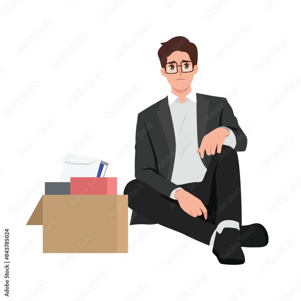 Depressed man sitting on floor leaning on his hands, having financial troubles. Flat vector illustration isolated on white background Depressed man sitting on floor leaning on his hands, having financial troubles. Flat vector illustration isolated on white background