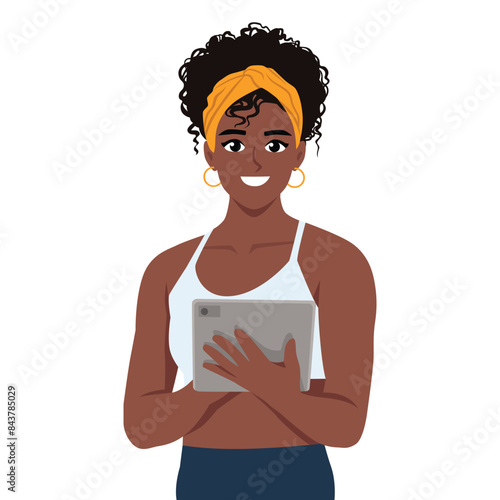 Young sports woman personal trainer holding tablet. Flat vector illustration isolated on white background