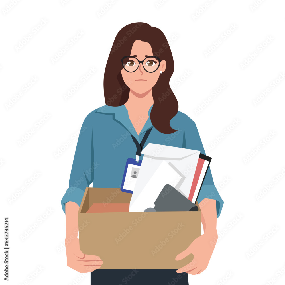 Young stressed woman standing holding box with belongings being fired from her job. Flat vector illustration isolated on white background Young stressed woman standing holding box with belongings being fired from her job. Flat vector illustration isolated on white background