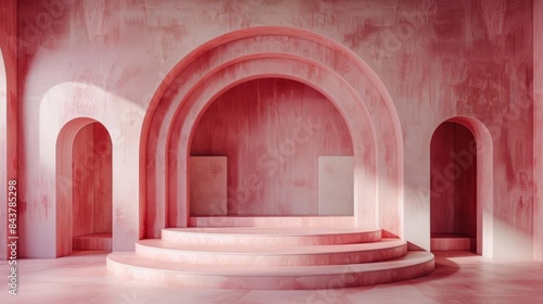 Pink stage with arched backdrops, soft pastel palette, minimalist setup, modern and stylish © ParinApril