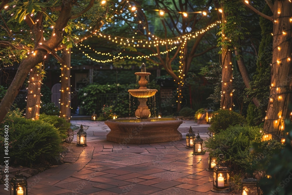 Magical Evening Garden with Illuminated Trees, Lanterns, and Fountain for a Serene Night Ambiance Magical Evening Garden with Illuminated Trees, Lanterns, and Fountain for a Serene Night Ambiance