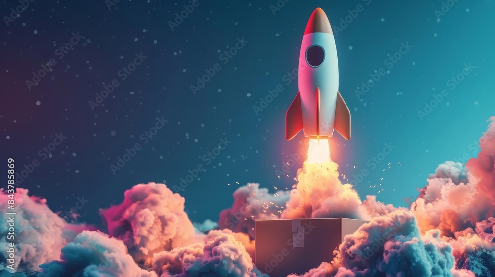 Rocket launching from box, dynamic, vibrant colors, digital illustration, symbolizing innovative ideas Rocket launching from box, dynamic, vibrant colors, digital illustration, symbolizing innovative ideas