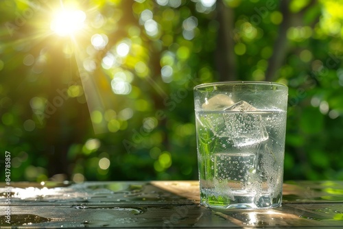 Refreshing Glass of Ice Water on Wooden Table Amidst Vibrant Green Forest with Sunlight
