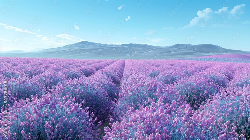 Obraz premium A field of lavender in full bloom under a clear blue sky, with a gentle breeze creating waves of color, symbolizing peace and serenity. Clipart illustration style, clean, Minimal,