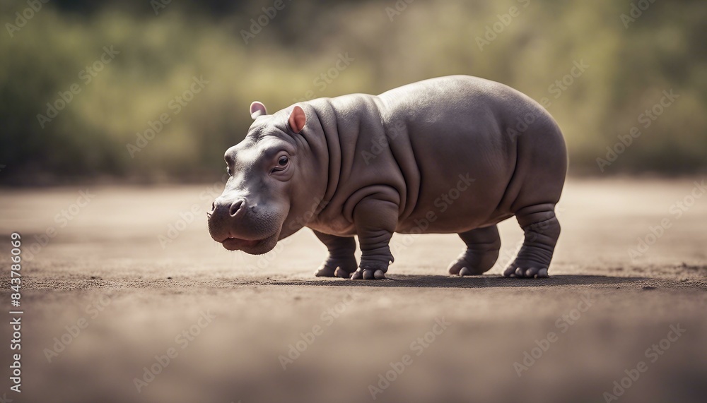 A brown and white baby hippo is seen standing upright with his mouth wide open, ready to make friends. A brown and white baby hippo is seen standing upright with his mouth wide open, ready to make friends.