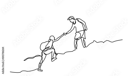 Single continuous line drawing of travelers walking Climber on a mountain top. climbers helping hand on mountain top hikers help each other on top of the mountain adventure, hiking concept.