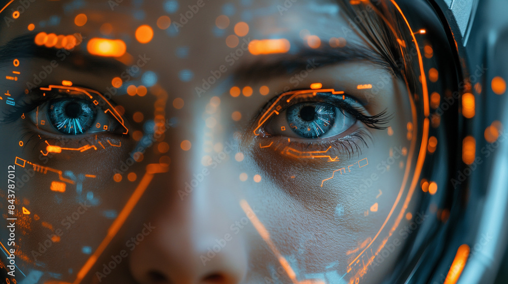 close up of woman's eyes in futuristic visor with orange and blue circuit lines, looking at camera