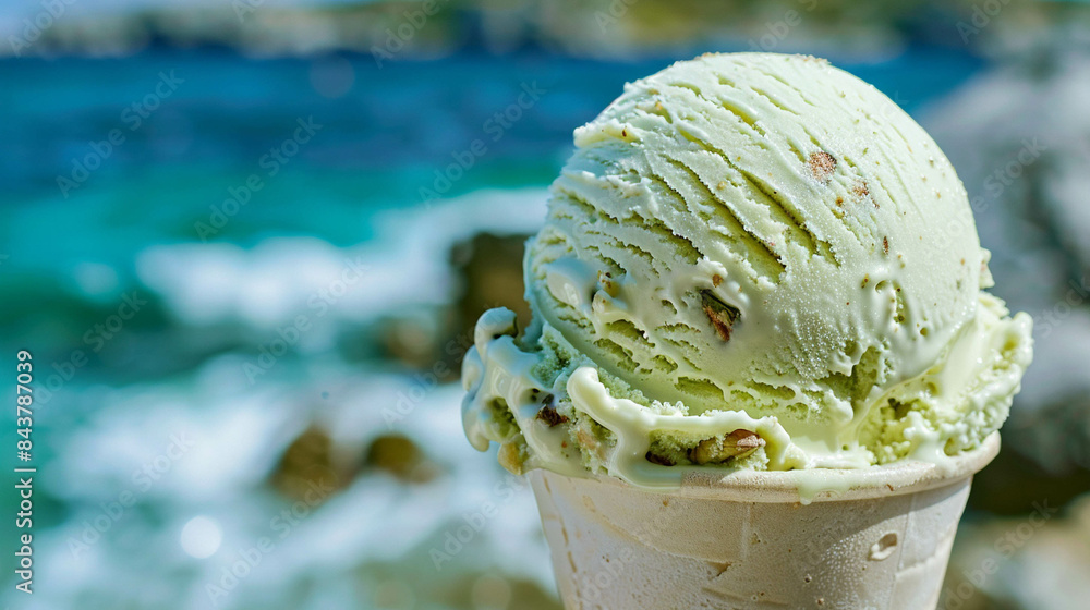Obraz premium Delicious pistachio ice cream with the Caribbean Sea in the background. Holiday mood