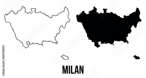Milan map outlined and black vector set white background silhouette borders