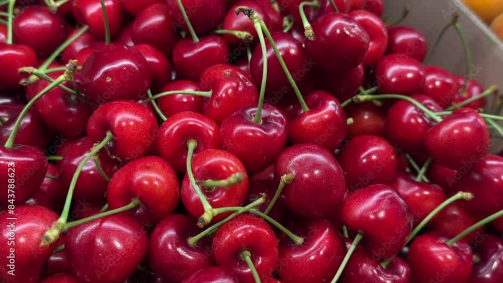 Close-up of a cardboard box of harvested red cherries in a supermarket. Close-up of a cardboard box of harvested red cherries in a supermarket.