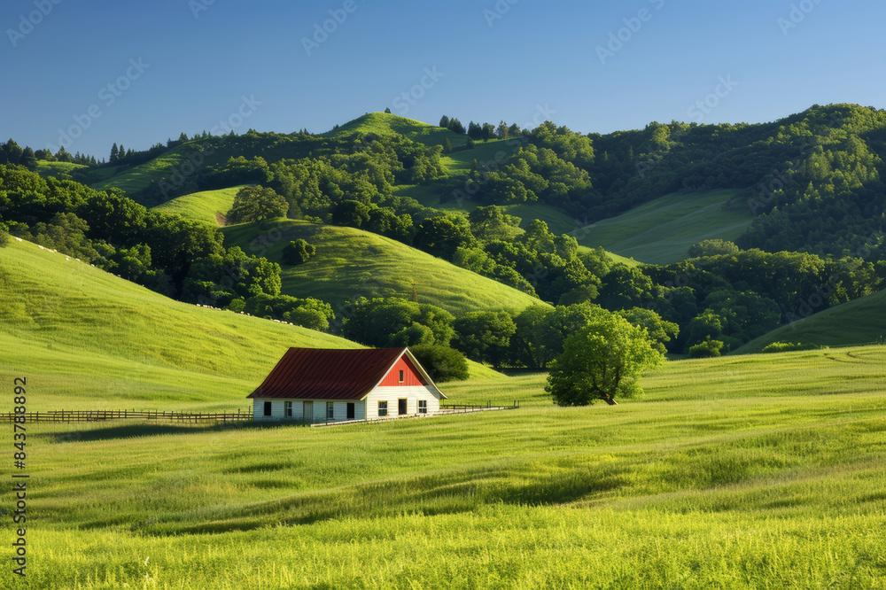 A serene rural countryside landscape featuring rolling hills, green pastures, and a quaint farmhouse under a clear blue sky.. AI generated. A serene rural countryside landscape featuring rolling hills, green pastures, and a quaint farmhouse under a clear blue sky.. AI generated.