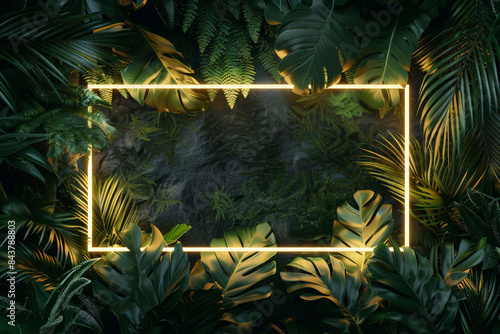 Gold neon frame background with empty space inside, among tropical jungle foliage