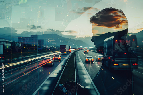 In this double exposure image, the juxtaposition of a businessman using a high-tech interface and a truck on a highway illustrates the profound impact of digital transformation on