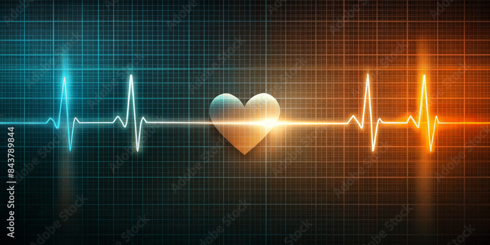 In the center of a glowing heart symbol is a grid on a dark background ...