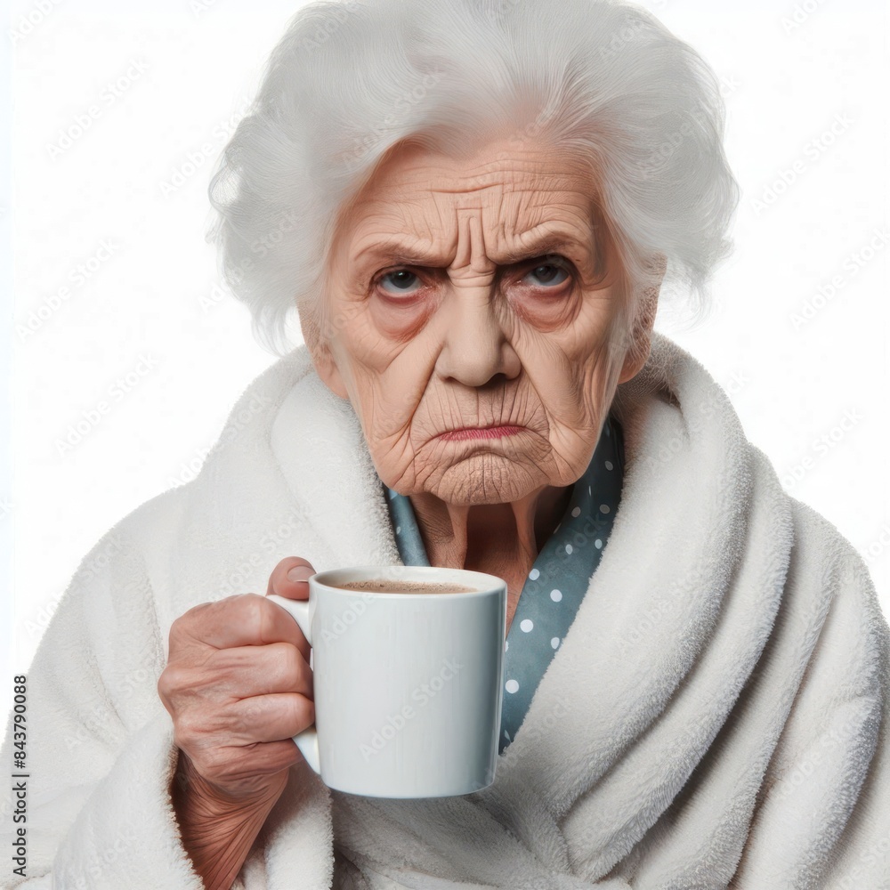 grumpy old woman in bathrobe holding cup of coffee Isolated on white background grumpy old woman in bathrobe holding cup of coffee Isolated on white background