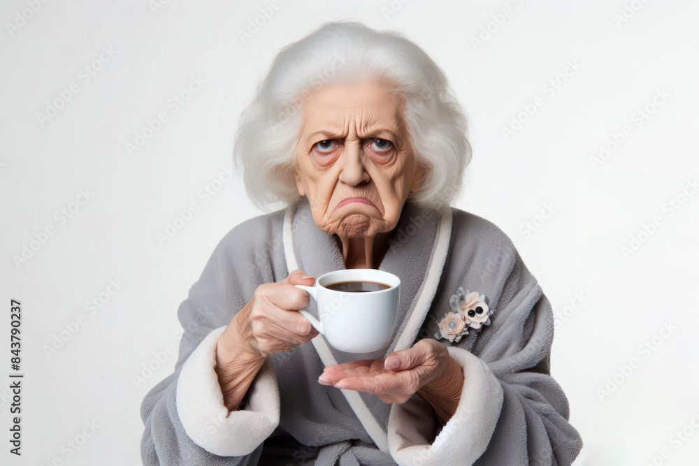 grumpy old woman in bathrobe holding cup of coffee Isolated on white background grumpy old woman in bathrobe holding cup of coffee Isolated on white background