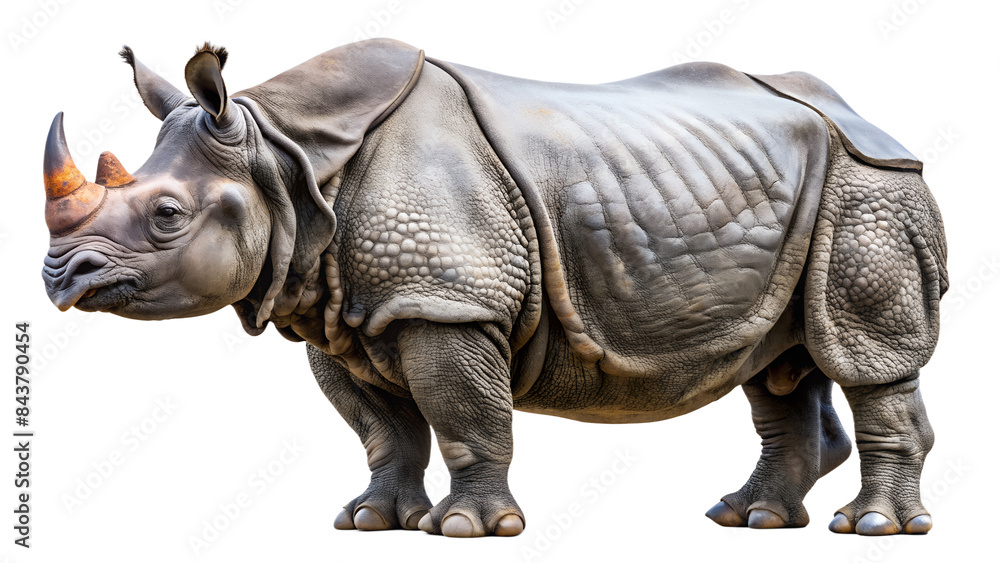 Fototapeta premium a javan rhinoceros standing in profile view against a plain white background