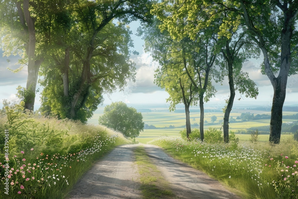 Serene Countryside Path: Peaceful Road Through Tall Trees and Wildflowers Reaching the Horizon Serene Countryside Path: Peaceful Road Through Tall Trees and Wildflowers Reaching the Horizon