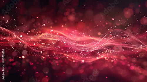 Abstract glowing lines with bokeh effect ,Futuristic technology background ,An abstract wave of red digital particles flowing over a dark background with a bokeh effect