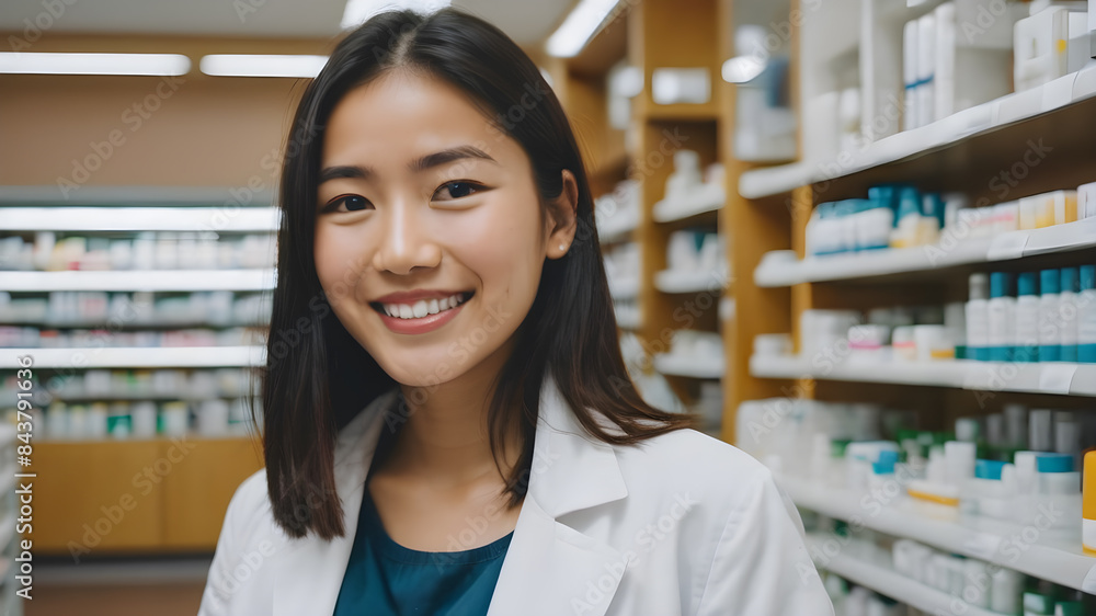 Portrait of happy asian female pharmacist in drugstore smilling and looking at camera Portrait of happy asian female pharmacist in drugstore smilling and looking at camera