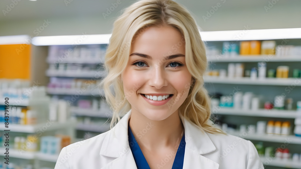 Portrait of happy blonde female pharmacist in drugstore smilling and looking at camera