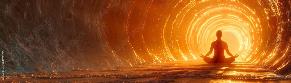 A person meditating inside a lightfilled tube, serene, bright tones, digital art A person meditating inside a lightfilled tube, serene, bright tones, digital art