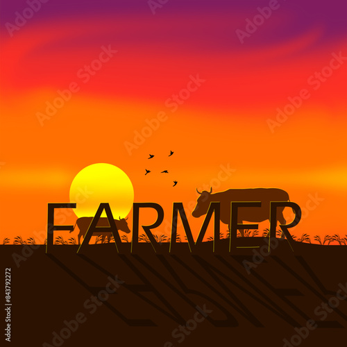 Farmer Day event banner.  View of rice fields at sunset with buffalo animals to celebrate on June 24th in Peru