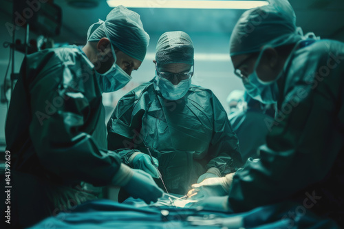 A group of surgeons performing an operation in a sterile, high-tech operating room with green surgical scrubs and modern surgical instruments.. AI generated. © Petr