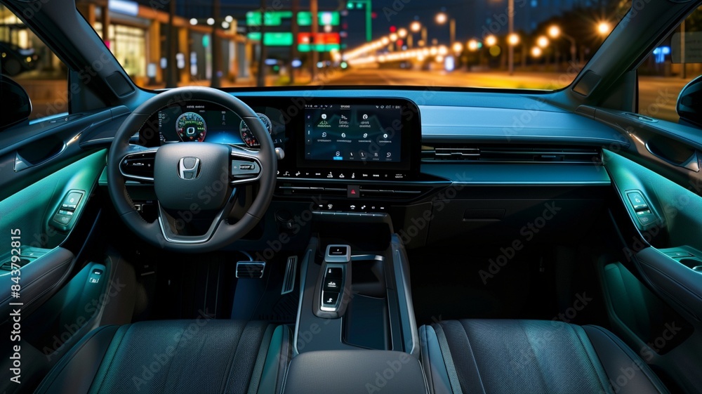 Hybrid SUV interior with tech-savvy features and eco-friendly materials Hybrid SUV interior with tech-savvy features and eco-friendly materials