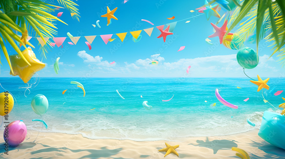 A beach scene with colorful balloons, confetti, starfish, and palm trees
