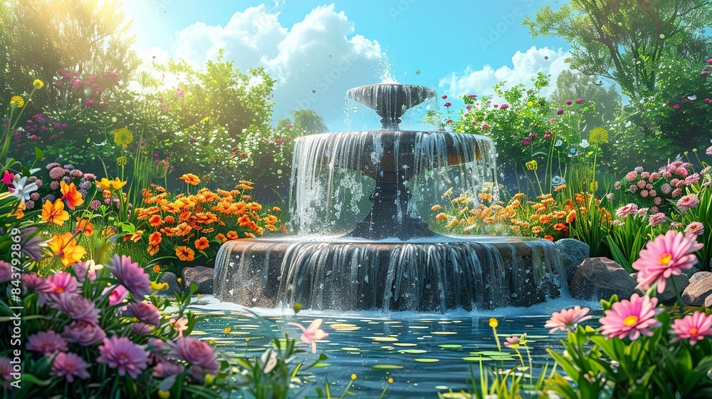 Naklejka premium A tranquil garden scene with a flowing fountain, colorful flowers, and soft sunlight, creating a haven of peace and happiness. Clipart illustration style, clean, Minimal,