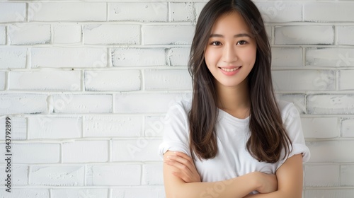 A beautiful Asian woman with long hair and white skin, wearing a white T-shirt stands in front of the wall smiling at me. She has her arms crossed against a clean white brick background. © ifoto